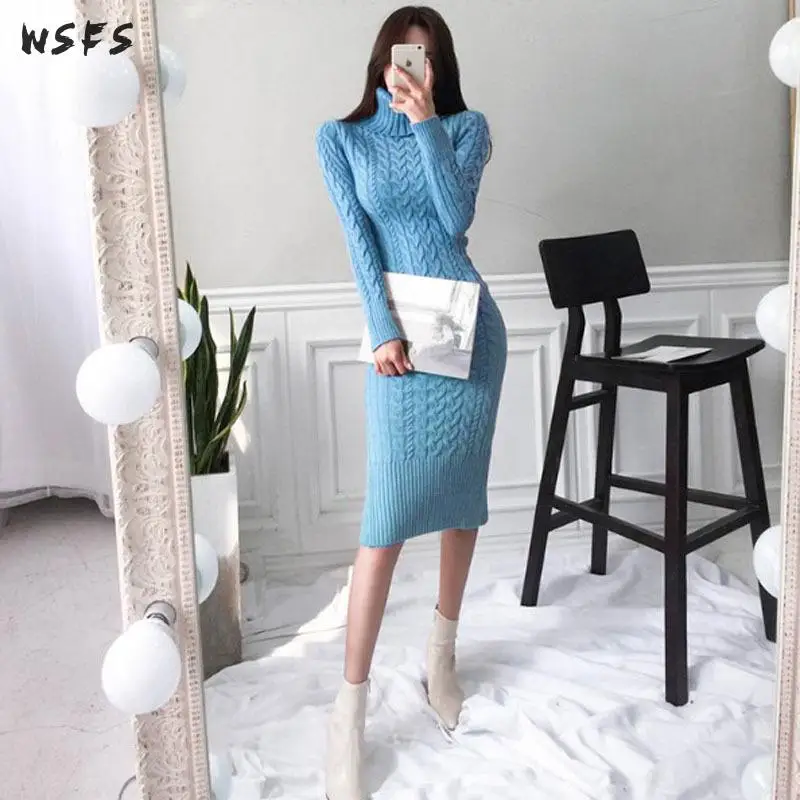 Winter Autumn Sweater Dress Blue Pink Beige Turtleneck Womens Dresses Bodycon Long Vintage Ladies Knitted Wrap Tight Midi Dress