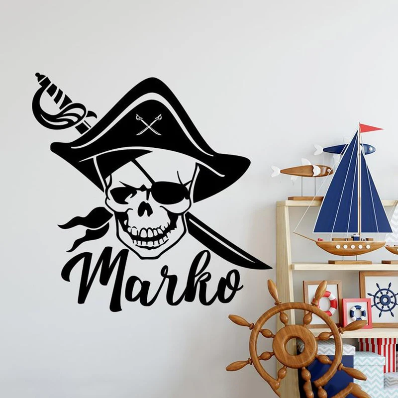 

Pirate Wall Decal. Skull and Swords Vinyl Sticker. Personalized custom Name Wall Art. Man Cave. Teen Game Room Decor. A01-046