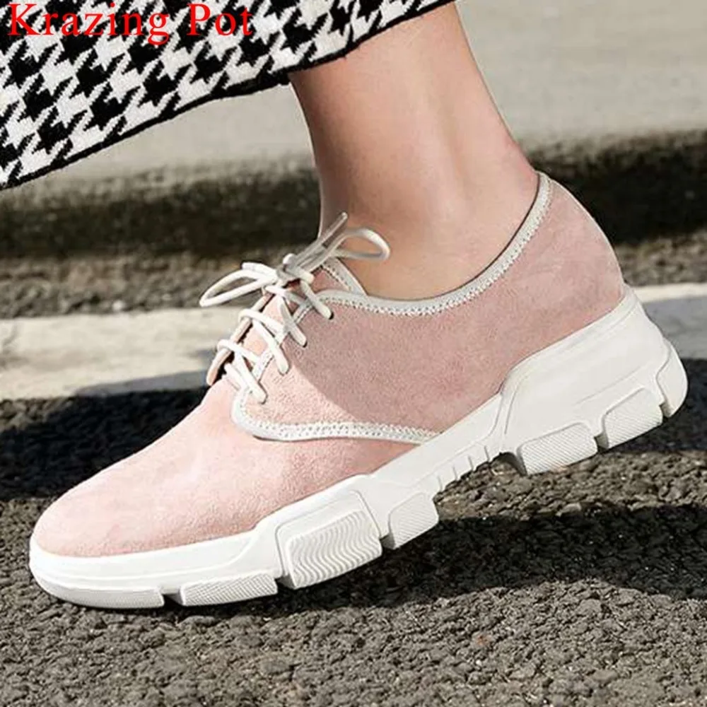 

2019 concise style natural leather comfortable round toe lace up sneakers thick med bottomp platform daily vulcanized shoes L15