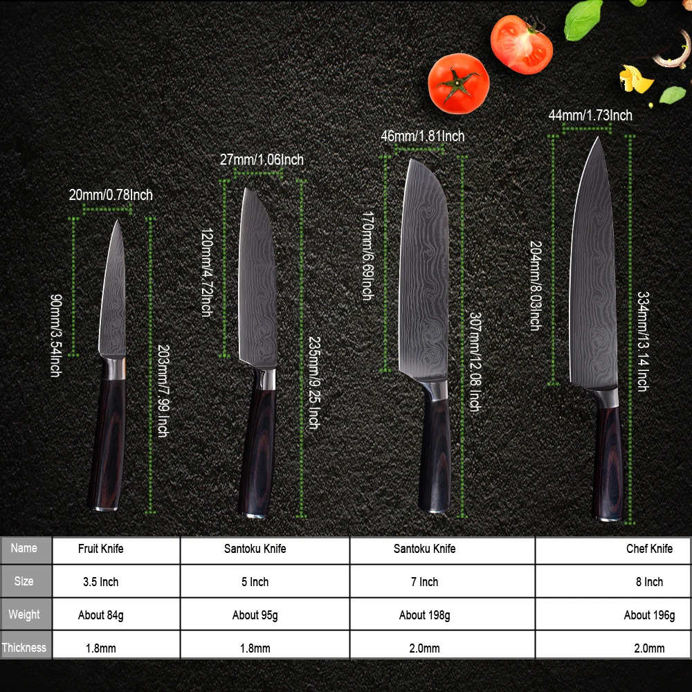 XYj фирменные кухонные ножи 3," 5" " 8" дюймов, нож из нержавеющей стали, имитация Дамасского узора, фруктовый нож сантоку, нож шеф-повара