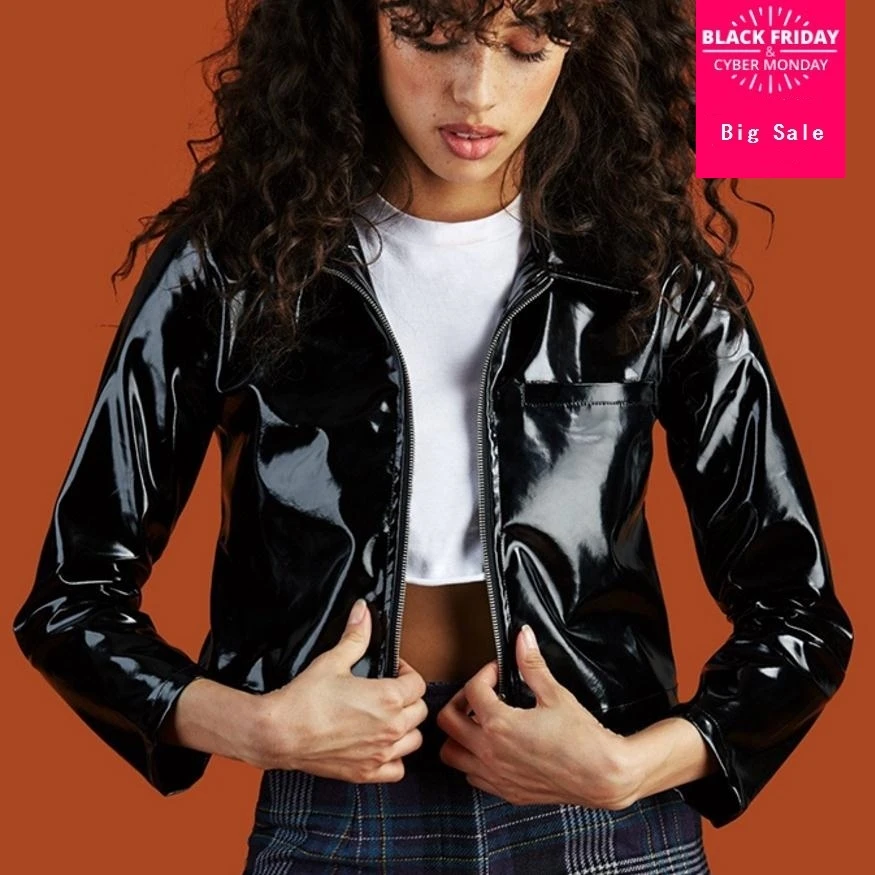 

2019 fashion brand Patent leather jacket female Glossy fabric pu leather short coat European stations Slim jackets wj2716