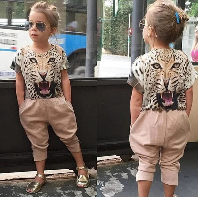 

2017 Baby Girl Clothes Set 2pcs Leopard Outfits Cotton Short-sleeved Tiger Print T-shirt+Pants Mature Kids Girls Clothing Sets