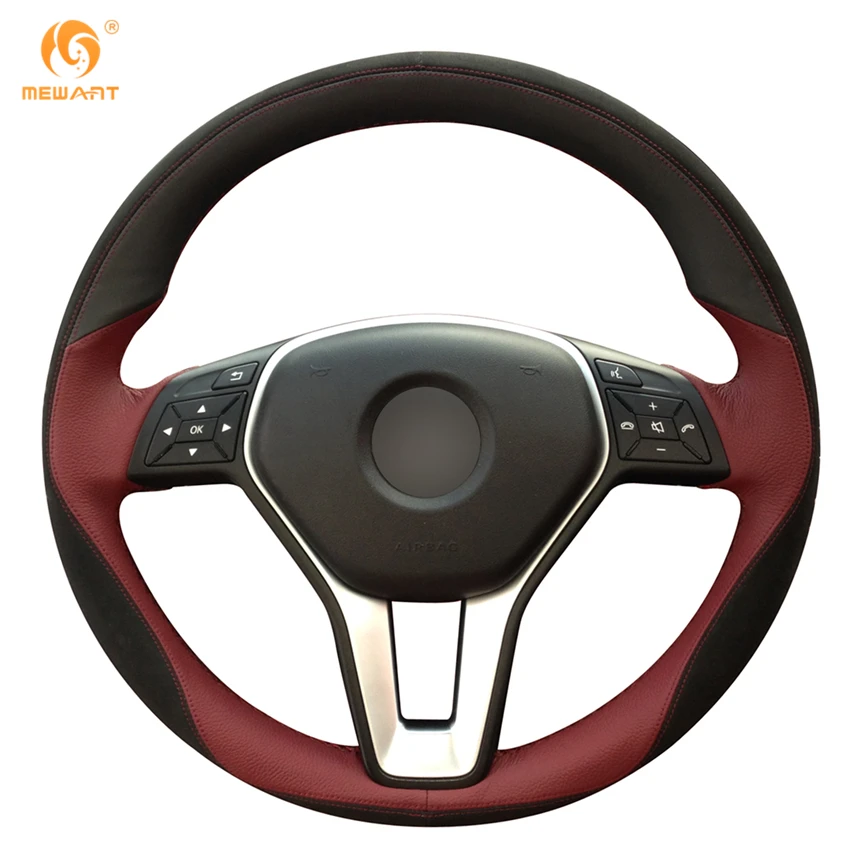 Maroon Black Leather Black Suede Steering Wheel Cover for Mercedes Benz