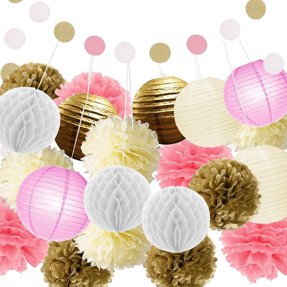 22pcs Pink and Gold Paper Lanterns Tissue Pom Poms Polka Dot Paper