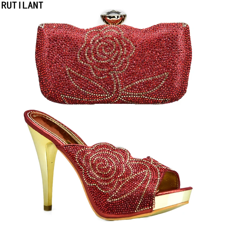 

Red Color Shoe and Bag Set Decorated with Rhinestone Ladies Matching Shoe and Bag for Wedding Nigerian Shoes and Bag for Women