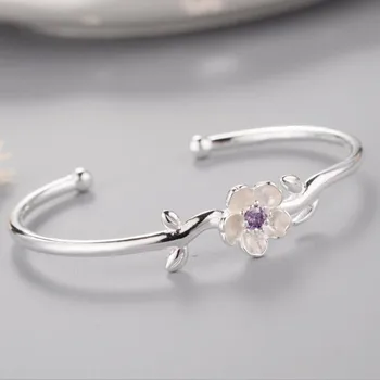 

New Creative Fashion 925 Sterling Silver Jewelry Bracelets Crystal Female Cherry Flowers Handmade Bangles Gift SB59