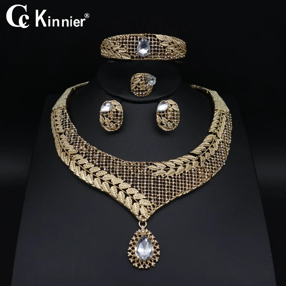 Dubai fashion jewelry sets wedding Bridal African beads gold color Classic zircon Necklace women