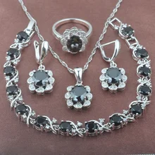 Очаровательные черные циркониевые серебряные женские ювелирные изделия набор браслет ожерелье кулон серьги кольцо YZ0400