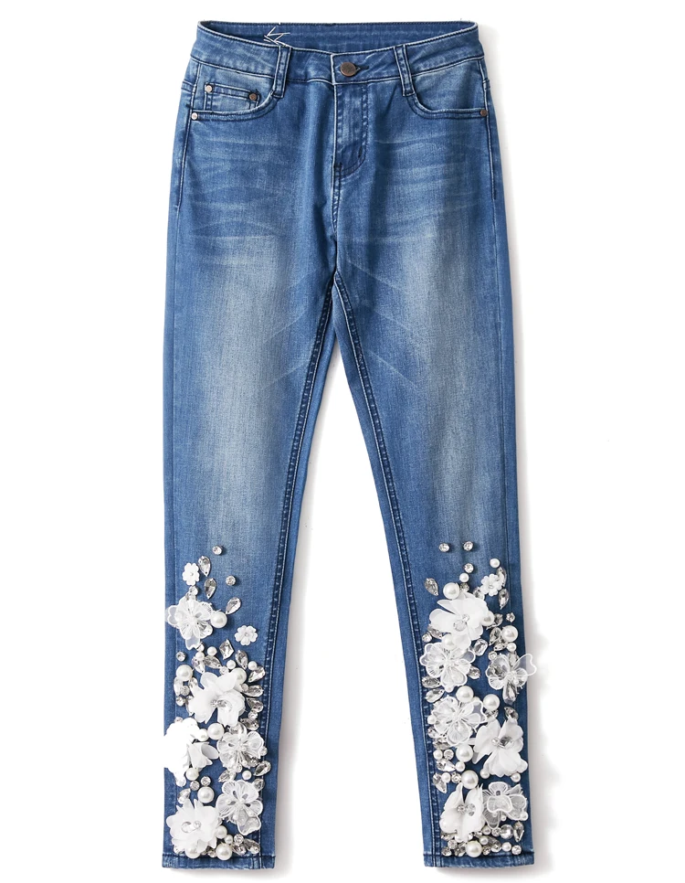 New Fashion Female Slim Beading Lace Flowers Denim Skinny Pencil Pants Trousers Rhinestones Diamond Streetwear Jeans