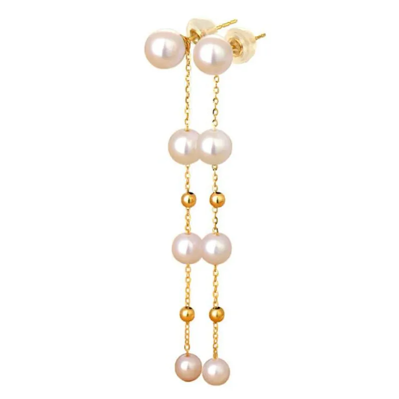 

Elegant Created 18K Gold 5.5-7mm Freshwater Pearl Long Earrings Pearls String Statement Dangle Earrings For Wedding Party Gift