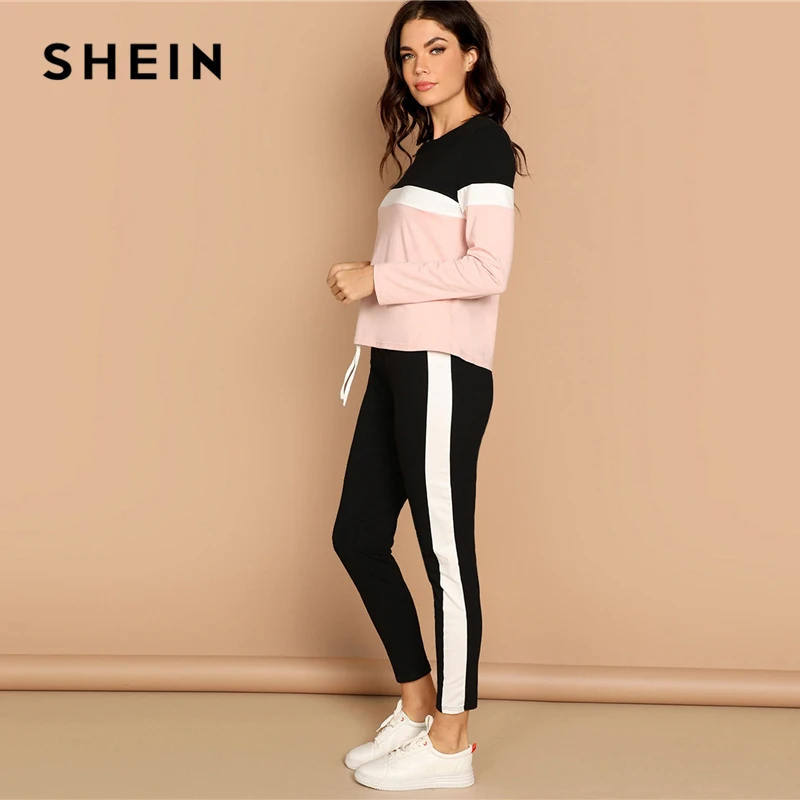 SHEIN Контрастный Топ И Брюки Комплект Женский Весенний Многоцветный Спортивный Топ С Длинными Рукавами И Брюки Комплект