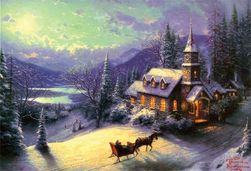 

Free shipping Thomas Kinkade landscape art painting carriage on snowfield prints canvas discount