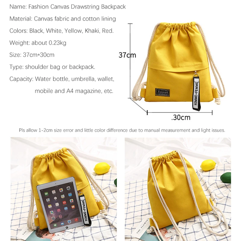 Dropshipping! Fashion Canvas Drawstring Backpack Bag Portable Casual String Knapsack for Women Shoulder Bag 5 Colors