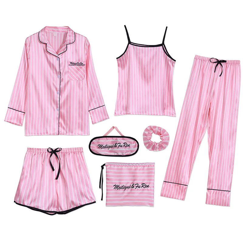 Набор пижам с клубничным принтом, 7 шт., Женское ночное белье, шелк, сатин, пижама, пижамный комплект с длинным рукавом, зимний и летний пижамный комплект - Цвет: 7jian tiaowen pink