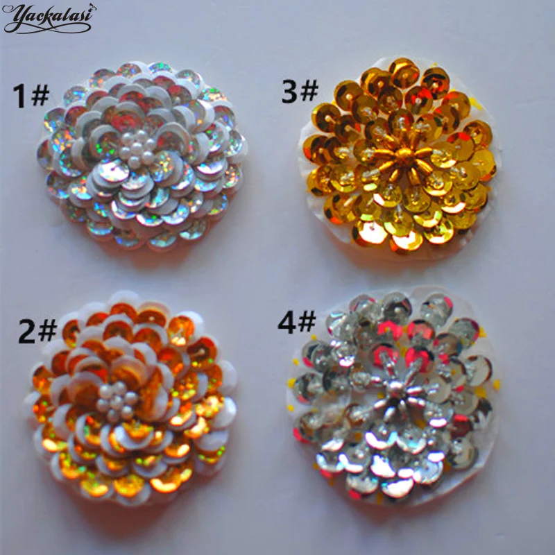 

YACKALASI 20 Pcs/Lot Gold Sequined Flower Appliqued 3D Beaded Apparel Sweing Patches Rose Petals Embroidery Trim 5.6CM Wide
