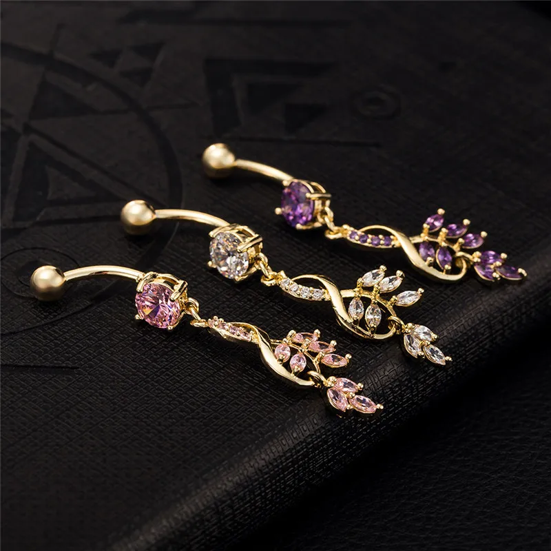 

Colorful Stone Flower Clear CZ Belly Button Ring Dangle Clear Navel Bar Gold Dangle Body Jewelry Piercing for Women