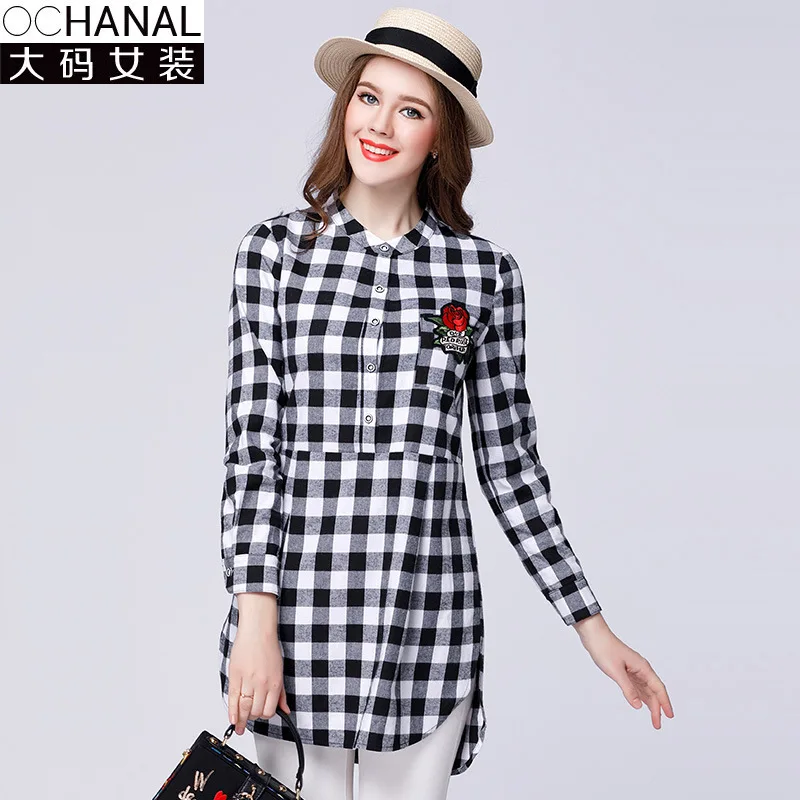 Popular Womens Black And White Check Shirt-Buy Cheap Womens Black 2017 large size women cotton plaid shirt women checked shirts rose embroidery loose black and white - Popular Womens Black And White Check Shirt-Buy Cheap Womens Black
