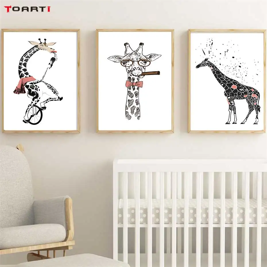 Cool Giraffe With Cigar Prints Posters Cartoon Animals Canvas Painting On The Wall For Kids Living Room Home Decor Art Pictures (3)