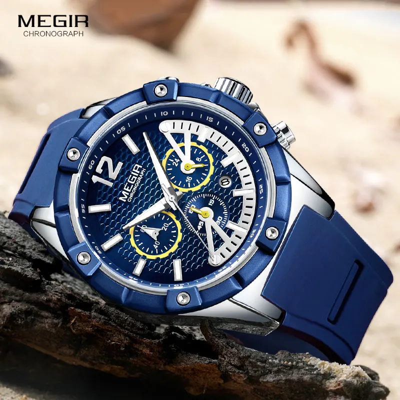 MEGIR армейские спортивные водонепроницаемые кварцевые наручные часы для мужчин синий силиконовый секундомер Relojios Masculinos светящиеся часы 2083GBE-2