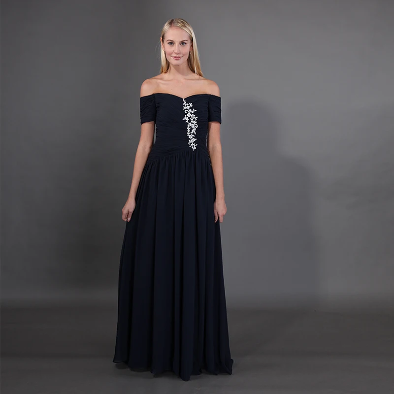 

Off The Shoulder Navy Blue Mother Of The Bride Dresses Short Sleeveless Pleats Chiffon Hot Sale Mother Of The Bride Dresses