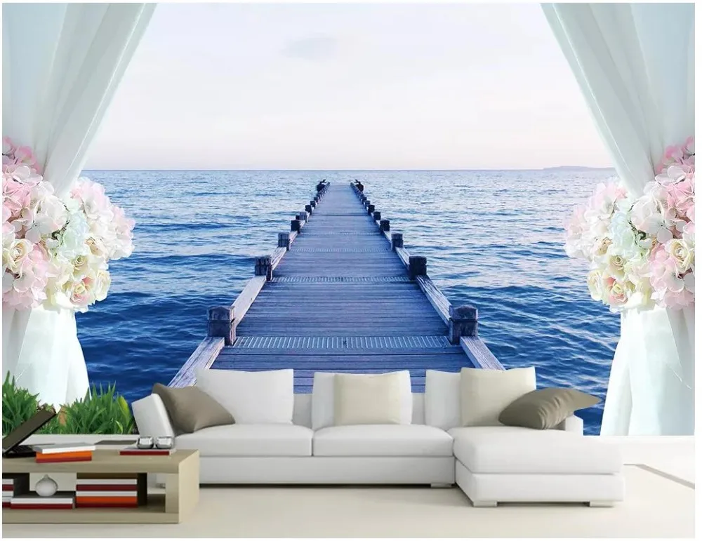 

Custom photo wallpaper 3d murals wallpaper Seaside scenery modern wooden bridge decorative painting sofa background wall decor