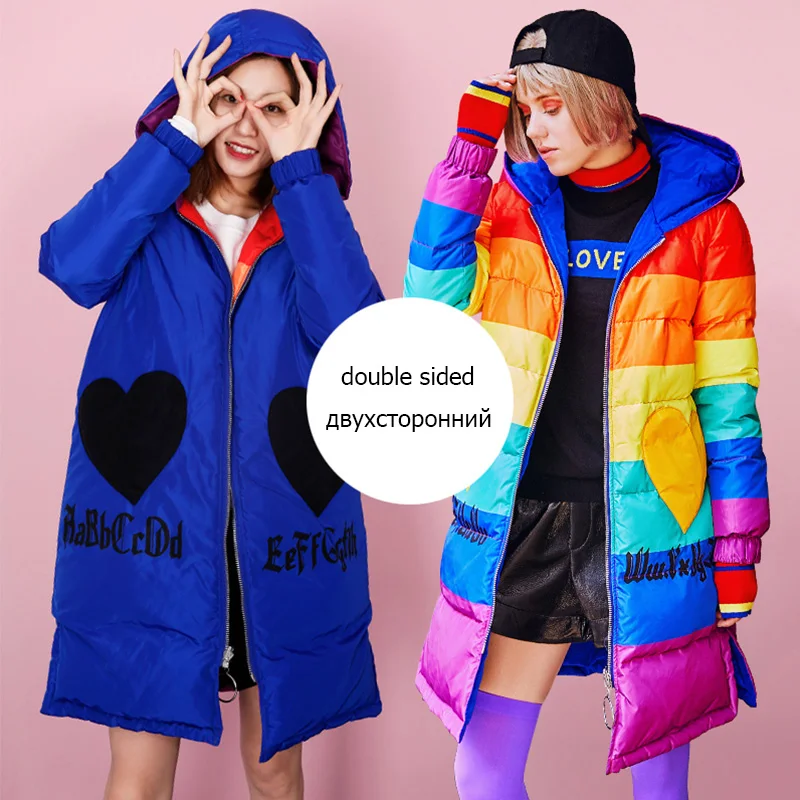 2019 Winter thick white duck down patchwork Down Coats women fashion color long hooded double-sided down jackets