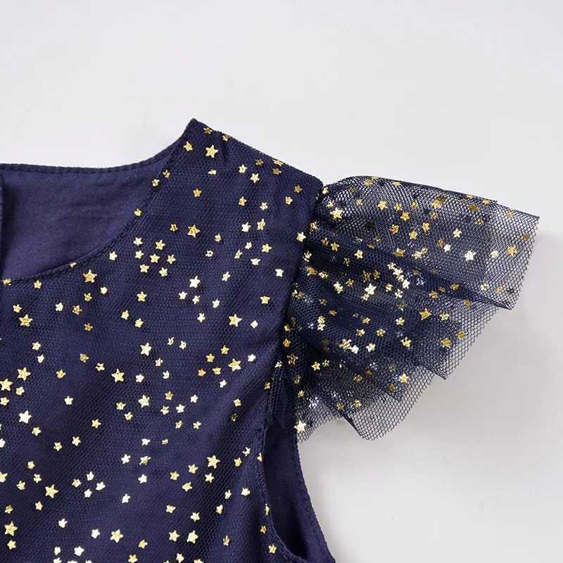 R& Z/Детское платье Новинка года; летнее платье с короткими рукавами для девочек Сетчатое платье с хлопковой подкладкой и принтом со звездами