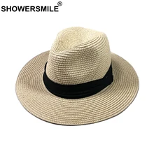 SHOWERSMILE sombrero Vintage de verano para hombre, sombrero de paja panamá para mujer, parasol Retro de fieltro británico, sombrero de playa informal de color Beige sólido, sombrero de Jazz Unisex