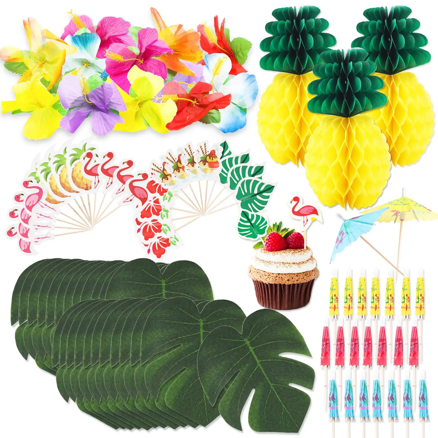 

METABLE 100 Pcs Tropical Hawaiian Jungle Party Decoration Set Tissue Paper Pineapples, Cupcake Toppers, Paper Cocktail Umbrella