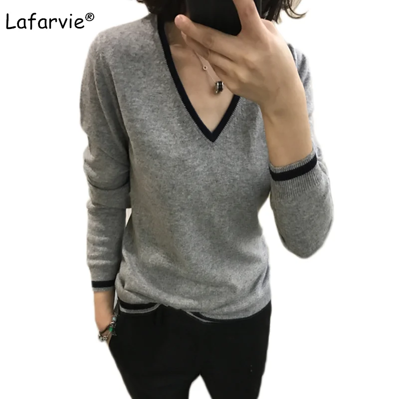 

Lafarvie New V-Neck Cashmere Sweater Women All-Match Knitted Pullovers And Sweaters Autumn Winter Full Sleeve Striped Pull Femme