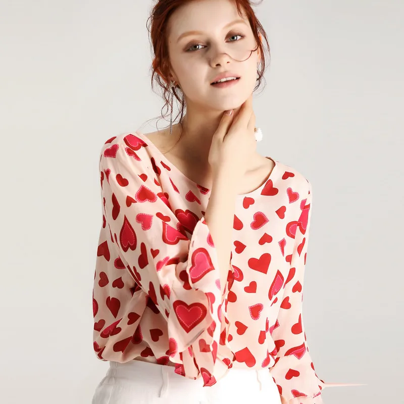 Женская блузка из натурального шелка, креповая блузка с принтом в виде сердечек, рубашка с рукавом-бабочкой, блузки, летняя рубашка