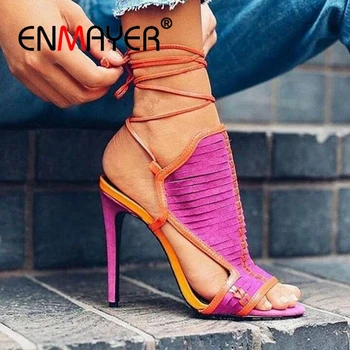 

ENMAYER Genuine Leather Casual Lace-Up Sandalia Feminina High Heels Woman Shoes Sandalias Mujer 2019 Size 34-43 ZYL2603