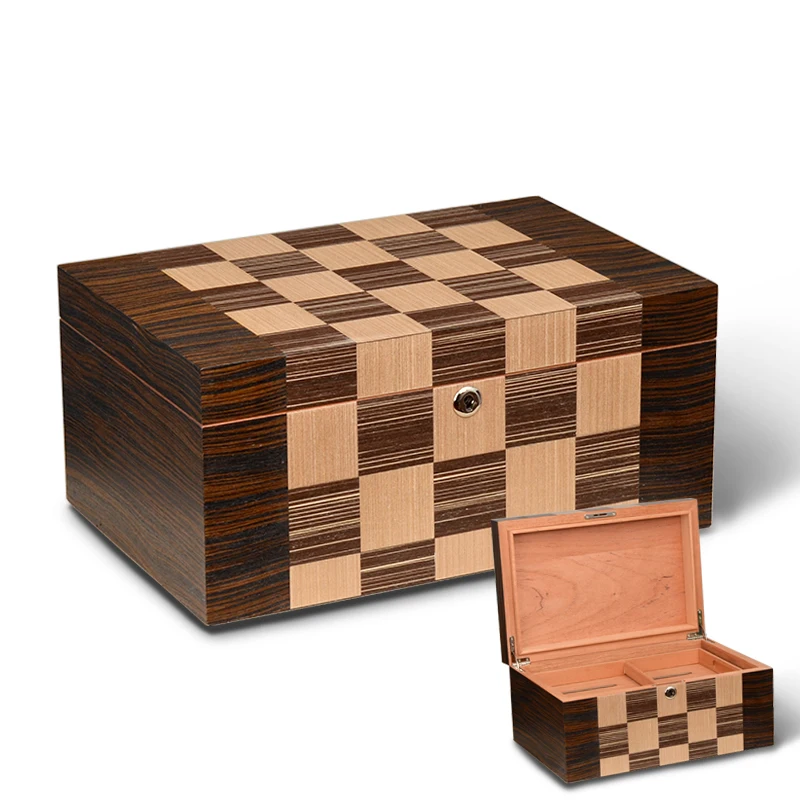 

High Quality Hand Inlay Burl Large Size Cedar Wooden Cigar Humidor W/ Hygrometer and Humidifier