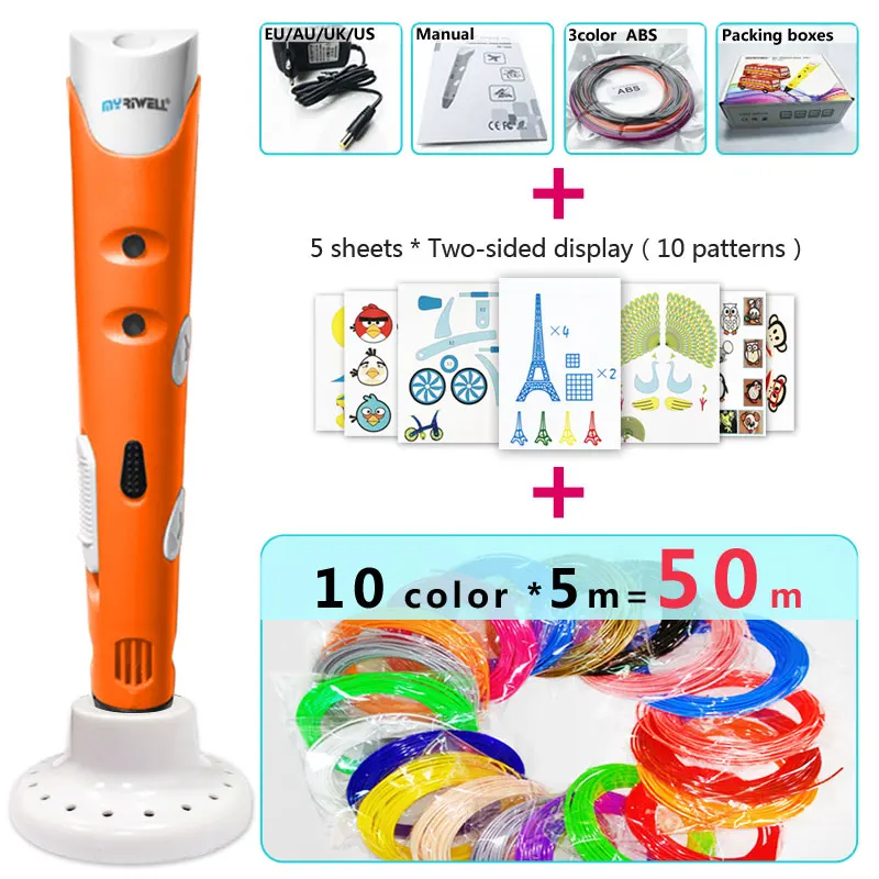 Myriwell 3d Ручка 3d ручки, 1,75 мм ABS/PLA нити, 3 d pen3d модель, Creative3d ручка doodler, лучший подарок для детей - Цвет: Orange pen Package 4