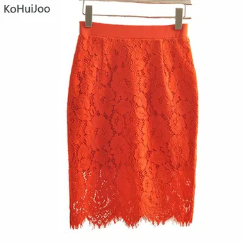 

KoHuiJoo 2019 Spring Summer Women Lace Skirts Plus Size High Waist Bodycon Skirt Female Elastic Waist Office Lady pencil skirt