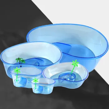 

Turtle Tub Fish tank Sturdy Transparent Aquatic Patio Pond Aquarium With Basking Platform Coconut Tree Decor Reptile Habitat