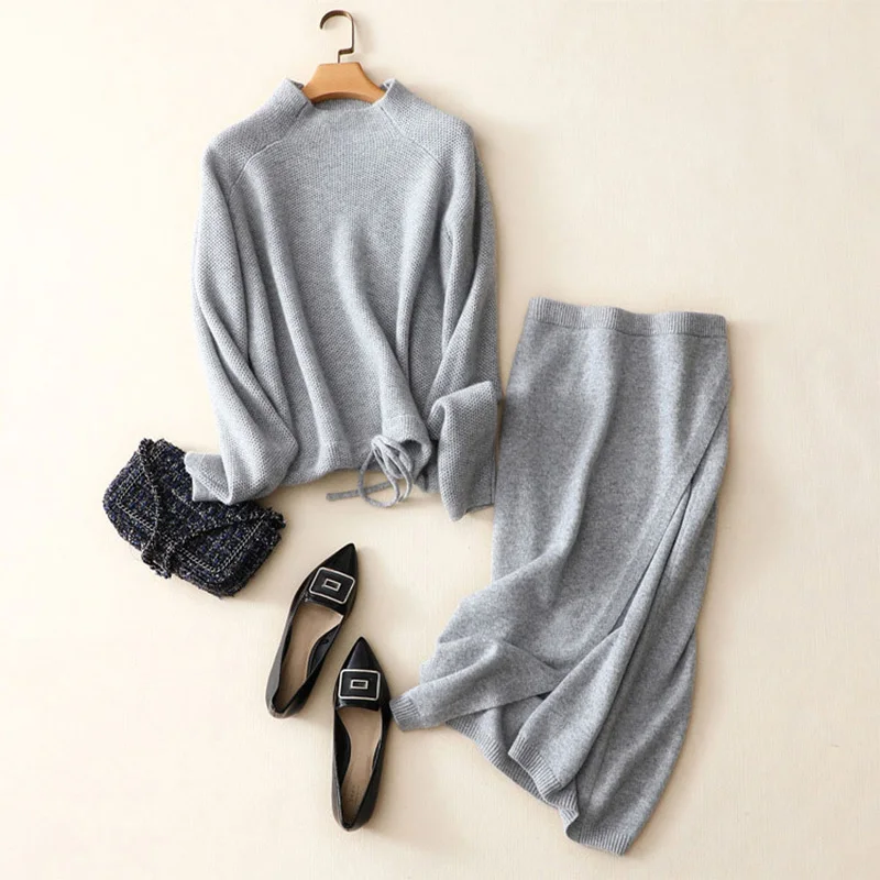 

Winter 100% Cashmere Sweater Knitted Turtleneck Sweater Women Jumpers 2 Piece Sets + 100% Cashmere Elastic High Waist Slit Skirt