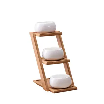 

Creative Three-layer White Ceramic Flower Pot Succulent Plant Holder Bamboo Shelf Pot Set Without Plant Home Garden Decoration