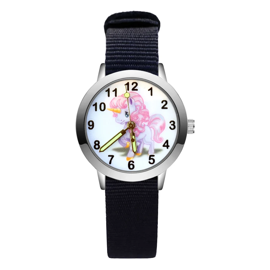 Модные милые детские часы с единорогом и лошадью, детские Студенческие Кварцевые наручные часы с нейлоновым ремешком для мальчиков и девочек JA133 - Цвет: Black