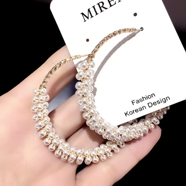 1 Pair Fashion 50mm Big Round Loop Circle New Brand Imitation Pearl  Gold-color Flower Cut Loop - AliExpress