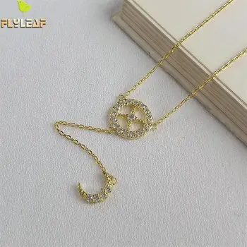 

Flyleaf Cubic Zirconia Tassel Moon Star Gold Necklaces & Pendants Real 925 Sterling Silver Necklace For Women Chain Fine Jewelry