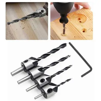

Hot 4pcs HSS 5 Flute Countersink Drill Bit Set Screw Wood 3-6mm Chamfer Tool