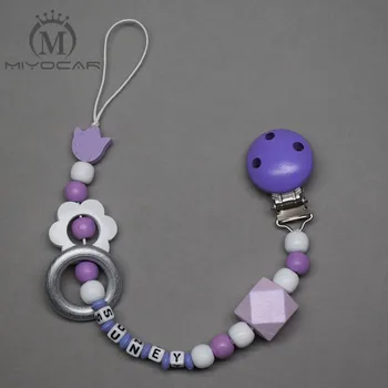 

MIYOCAR CUSTOM any name purple and white wooden beads dummy clip holder pacifier clips holder/Teethers clip for baby