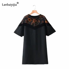 Lanbaiyijia, el más nuevo, vestido negro con estampado de flores empalmado vintage para mujer, Vestido de manga corta con cuello redondo, vestido suelto de primavera y línea A para mujer