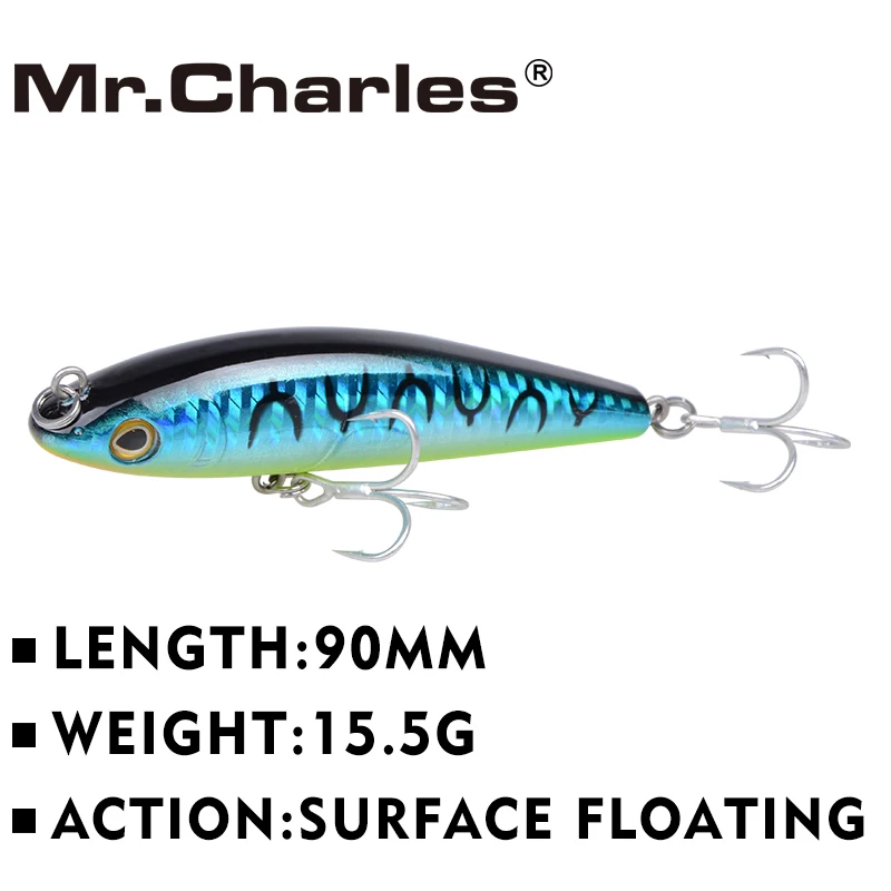 Mr. Charles CMC028 Leurre de pêche 90mm/15.5g Surface flottante alose VIB appâts durs crochets en acier à haute teneur en carbone manivelle appât Leur