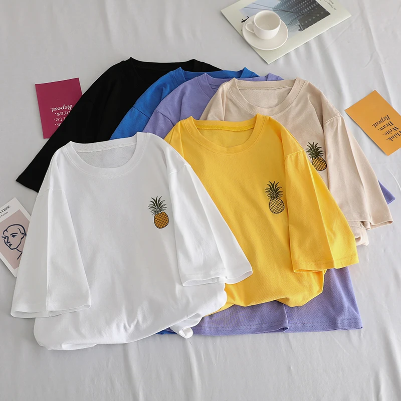 Корейская женская футболка с мультяшным принтом, harajuku, мультяшная кавайная модная футболка для девушек, лето, Женские базовые топы, футболки
