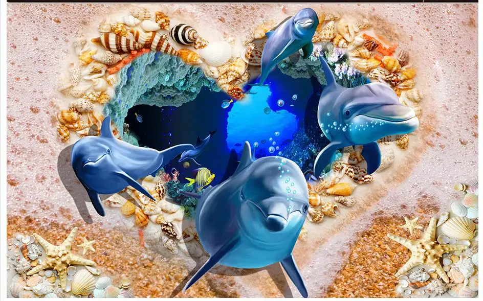 

Custom photo wallpapers 3d flooring painting wallpaper 3 d ocean dolphin heart-shaped shell beach floor mural wall stickers