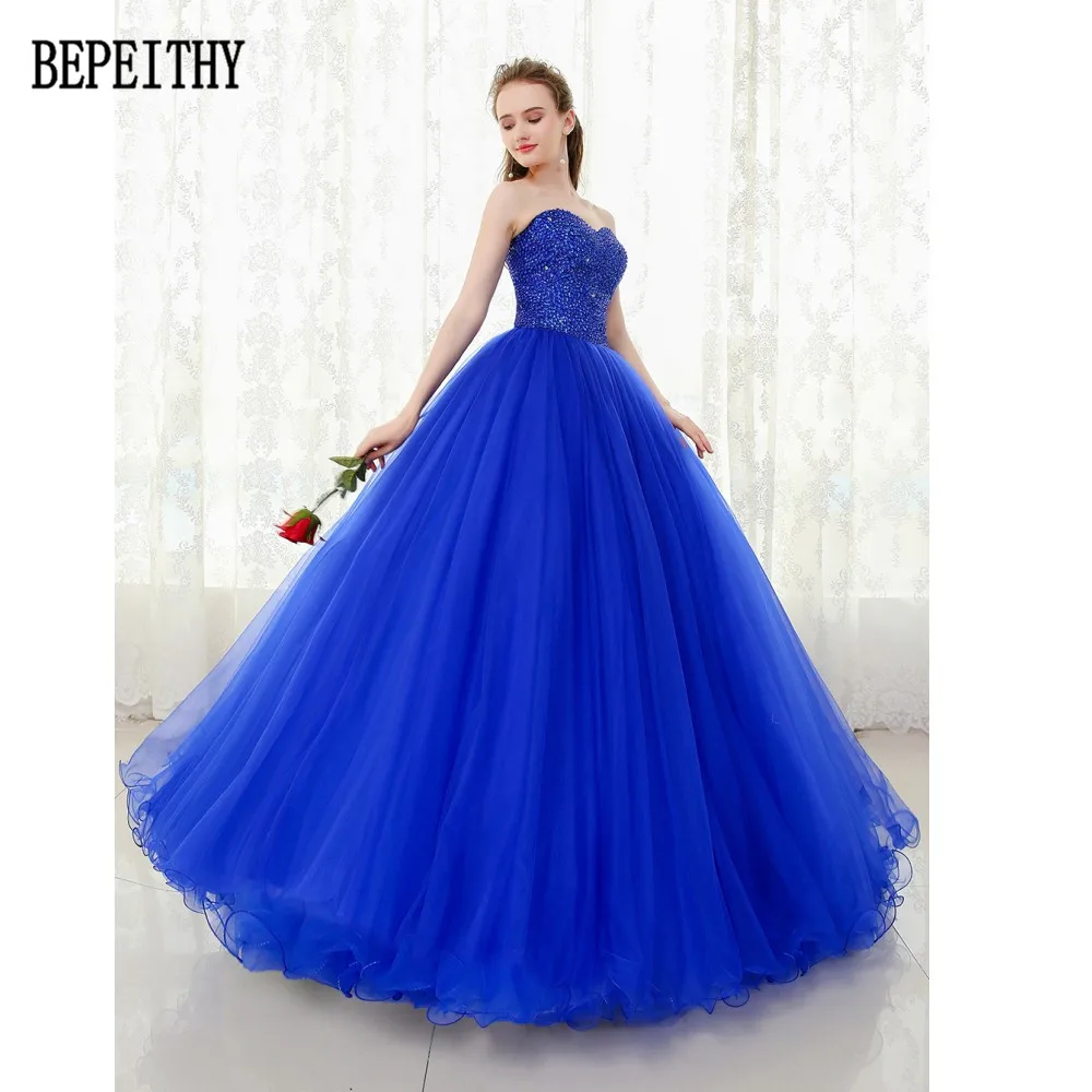 BEPEITHY vestido de festa Настоящее фото милое Тюлевое платье длиной до пола с бисером и блестками бальное платье Королевский синий платье для выпускного вечера