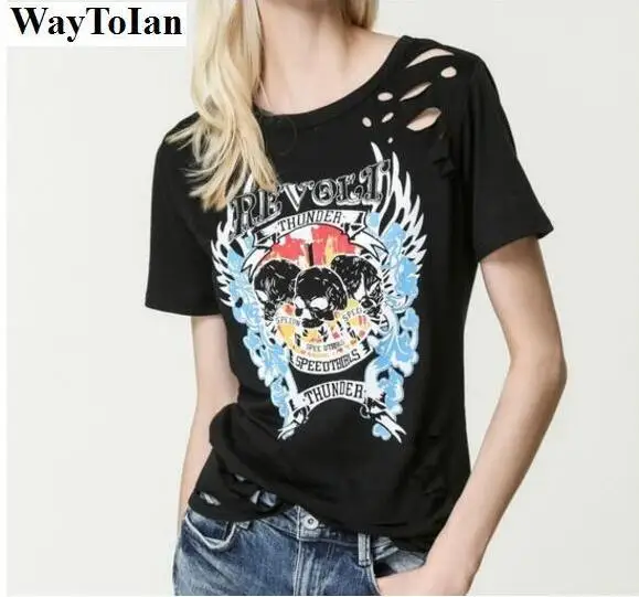 WayToIan Women Ripped Holes T Shirt Skulls Printed Black Punk Cotton T