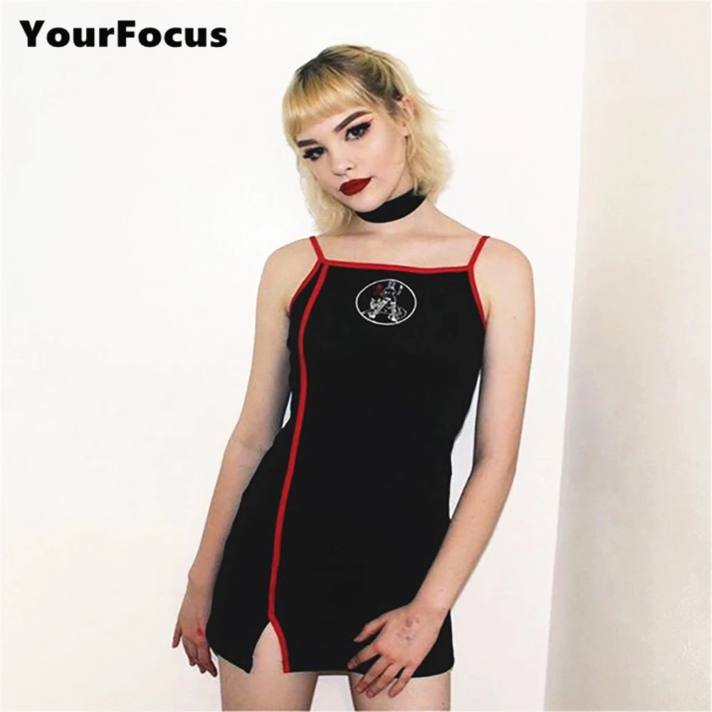 

robe femme ete 2018 punk rock gothic dress contrast color split embroidery dress cool girl vintage thin strap dress